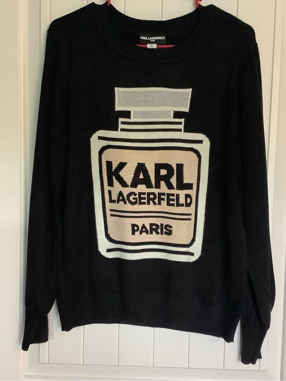 Karl Lagerfeld Black Crewneck Sweater with Cream and Beige Perfume Motif